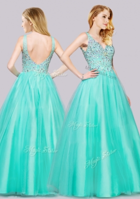 2016 Lovely Beaded Bodice Turquoise Prom Dress with V Neck