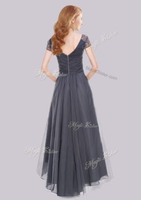 2016 Lovely Beaded Decorated Short Sleeves High Low Grey Prom Dress