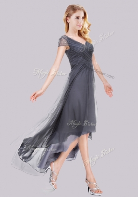 2016 Lovely Beaded Decorated Short Sleeves High Low Grey Prom Dress