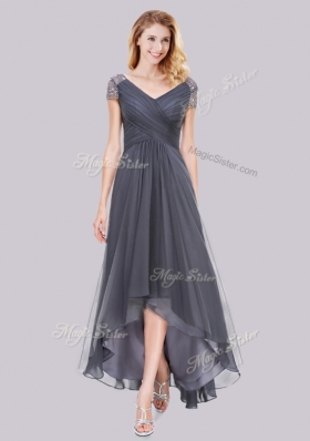 2016 Lovely Beaded Decorated Short Sleeves High Low Grey Prom Dress