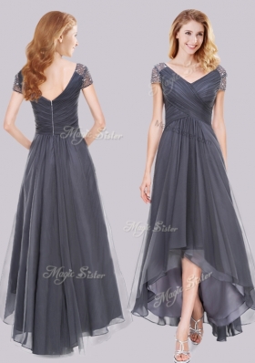 2016 Lovely Beaded Decorated Short Sleeves High Low Grey Prom Dress