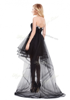 2016 Lovely Beaded Top Tulle Black Prom Dress with High Low
