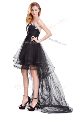 2016 Lovely Beaded Top Tulle Black Prom Dress with High Low