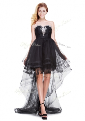 2016 Lovely Beaded Top Tulle Black Prom Dress with High Low