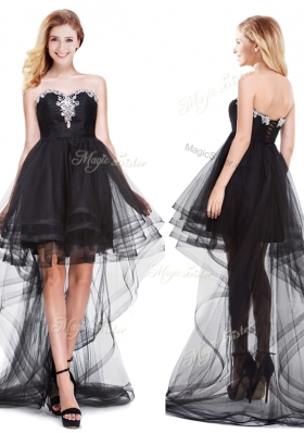 2016 Lovely Beaded Top Tulle Black Prom Dress with High Low