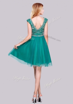 2016 Lovely Cap Sleeves Tulle A Line Beaded Prom Dress in Turquoise