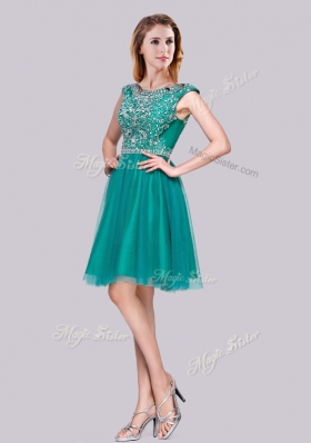 2016 Lovely Cap Sleeves Tulle A Line Beaded Prom Dress in Turquoise