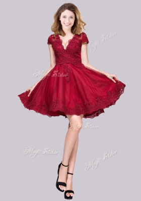 2016 Lovely Deep V Neckline See Through Back Applique Prom Dress in Wine Red