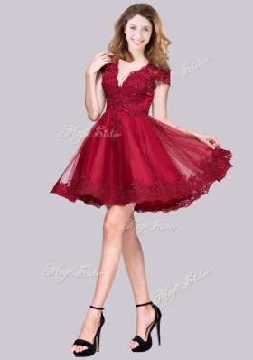 2016 Lovely Deep V Neckline See Through Back Applique Prom Dress in Wine Red