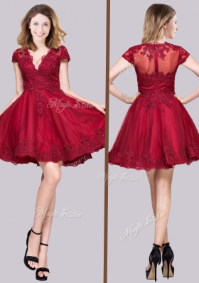 2016 Lovely Deep V Neckline See Through Back Applique Prom Dress in Wine Red