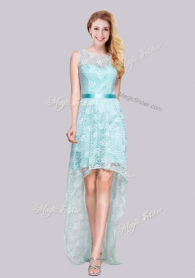 2016 Lovely High Low Belted and Laced Apple Green Prom Dress with Bateau