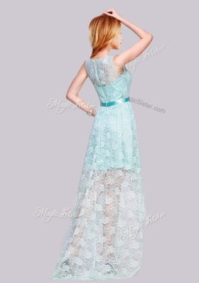 2016 Lovely High Low Belted and Laced Apple Green Prom Dress with Bateau