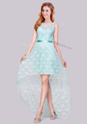 2016 Lovely High Low Belted and Laced Apple Green Prom Dress with Bateau