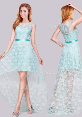 2016 Lovely High Low Belted and Laced Apple Green Prom Dress with Bateau
