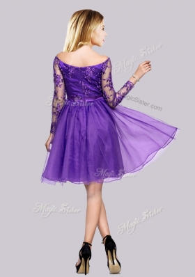 2016 Lovely Long Sleeves Laced Purple Prom Dress with Off the Shoulder