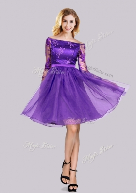2016 Lovely Long Sleeves Laced Purple Prom Dress with Off the Shoulder