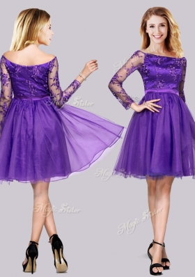 2016 Lovely Long Sleeves Laced Purple Prom Dress with Off the Shoulder