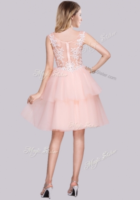 2016 Lovely See Through Cap Sleeves Baby Pink Prom Dress with Appliques
