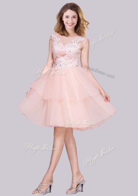 2016 Lovely See Through Cap Sleeves Baby Pink Prom Dress with Appliques