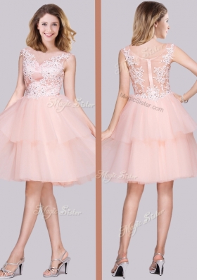 2016 Lovely See Through Cap Sleeves Baby Pink Prom Dress with Appliques