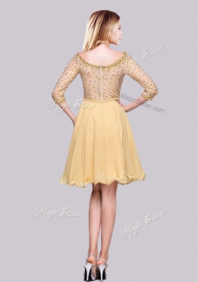 2016 Lovely Through Chiffon Beaded Gold Prom Dress with 3/4-length Sleeves