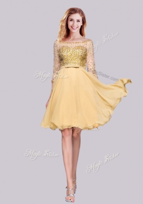 2016 Lovely Through Chiffon Beaded Gold Prom Dress with 3/4-length Sleeves