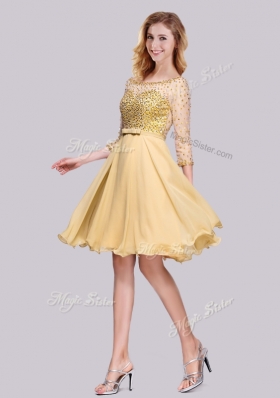 2016 Lovely Through Chiffon Beaded Gold Prom Dress with 3/4-length Sleeves