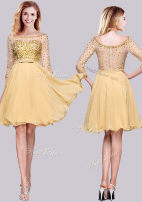 2016 Lovely Through Chiffon Beaded Gold Prom Dress with 3/4-length Sleeves