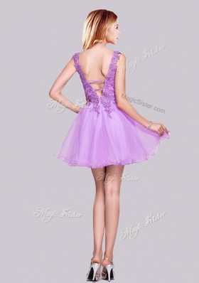 2016 Lovely V Neck Organza Backless Applique and Lace Prom Dress in Lilac