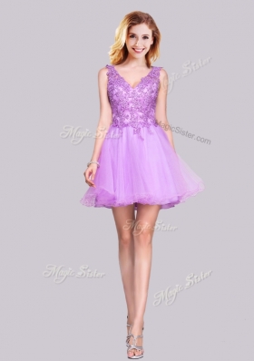 2016 Lovely V Neck Organza Backless Applique and Lace Prom Dress in Lilac