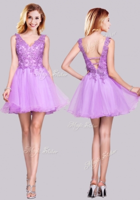 2016 Lovely V Neck Organza Backless Applique and Lace Prom Dress in Lilac
