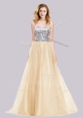 2016 LovelySelling A Line Tulle Champagne Prom Dress with Sequins