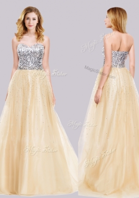 2016 LovelySelling A Line Tulle Champagne Prom Dress with Sequins