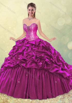 2016 Elegant Puffy Skirt Beaded Teal Quinceanera Dress with Brush Train