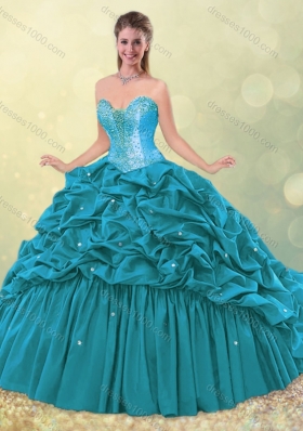 2016 Elegant Puffy Skirt Beaded Teal Quinceanera Dress with Brush Train