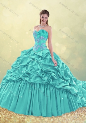 2016 Exquisite Brush Train Taffeta Quinceanera Dress in Aqua Blue