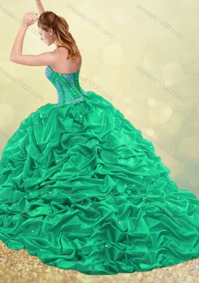 Beautiful Brush Train Teal Quinceanera Dress with Beading and Bubbles