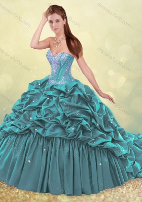 Beautiful Brush Train Teal Quinceanera Dress with Beading and Bubbles