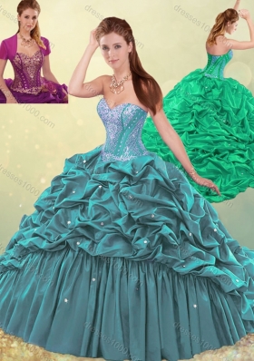 Beautiful Brush Train Teal Quinceanera Dress with Beading and Bubbles