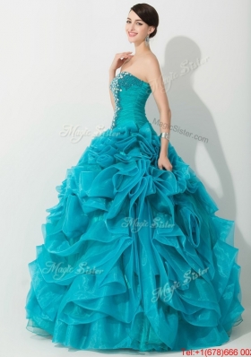 Princess Teal Sweet 16 Dress with Beading and Rolling Flowers