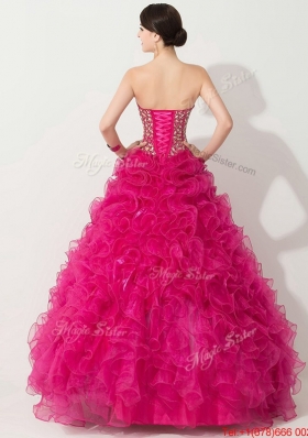 Visible Boning Hot Pink Quinceanera Gown with Beading and Ruffles