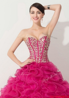 Visible Boning Hot Pink Quinceanera Gown with Beading and Ruffles