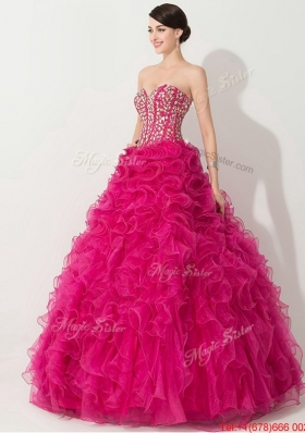 Visible Boning Hot Pink Quinceanera Gown with Beading and Ruffles