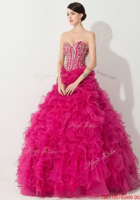 Visible Boning Hot Pink Quinceanera Gown with Beading and Ruffles