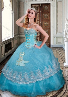 Clearance Ball Gown Baby Blue Sweet 16 Dress with Appliques and Beading