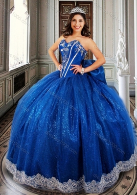 Clearance Ball Gown Beaded Royal Blue Sweet 16 Dress with Appliques and Bowk