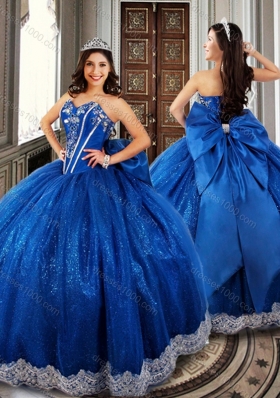 Clearance Ball Gown Beaded Royal Blue Sweet 16 Dress with Appliques and Bowk