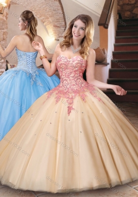 Clearance Big Puffy Champagne Quinceanera Dress with Appliques and Beading