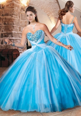 Designer Beaded Bust Baby Blue Sweet 16 Dress in Tulle