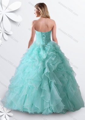 Designer Princess Apple Green Quinceanera Gown with Beading and Ruffles